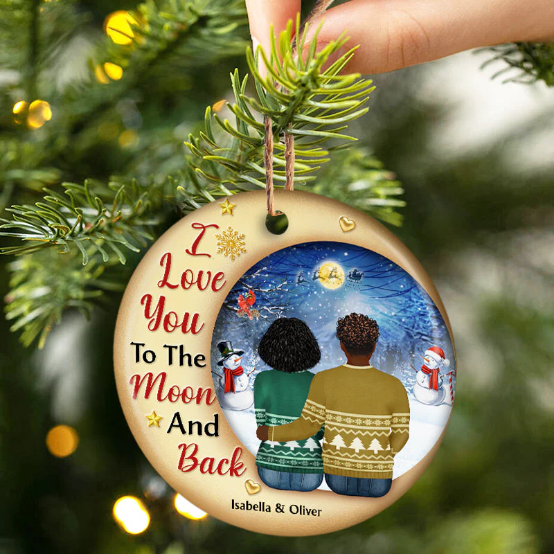 Christmas Couple I Love You To The Moon And Back - Christmas Gift For Couple - Personalized Custom Circle Ceramic Ornament - Image 2