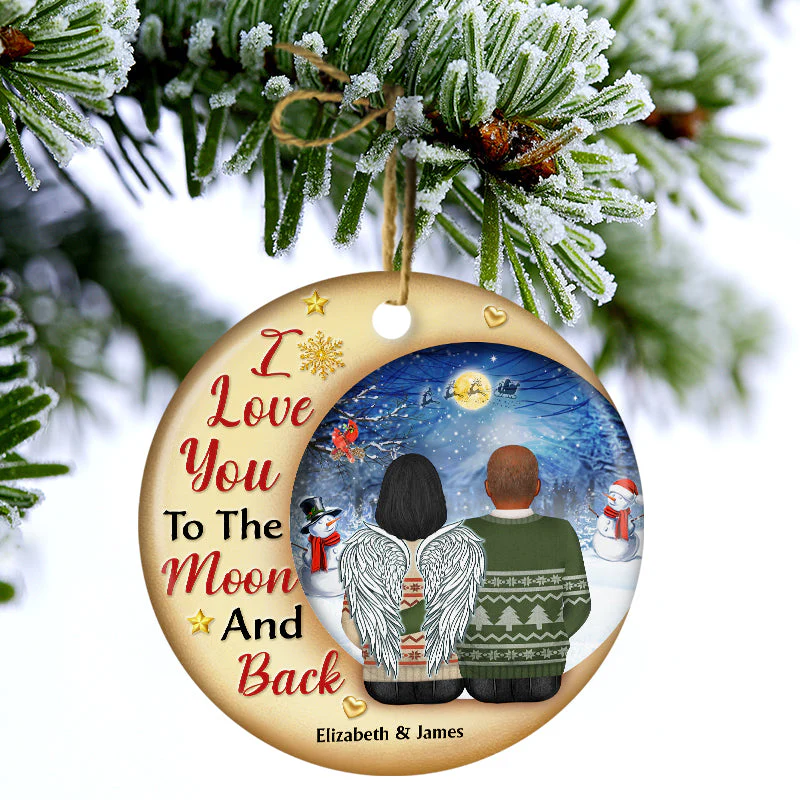 Christmas Couple I Love You To The Moon And Back - Christmas Gift For Couple - Personalized Custom Circle Ceramic Ornament - Image 3