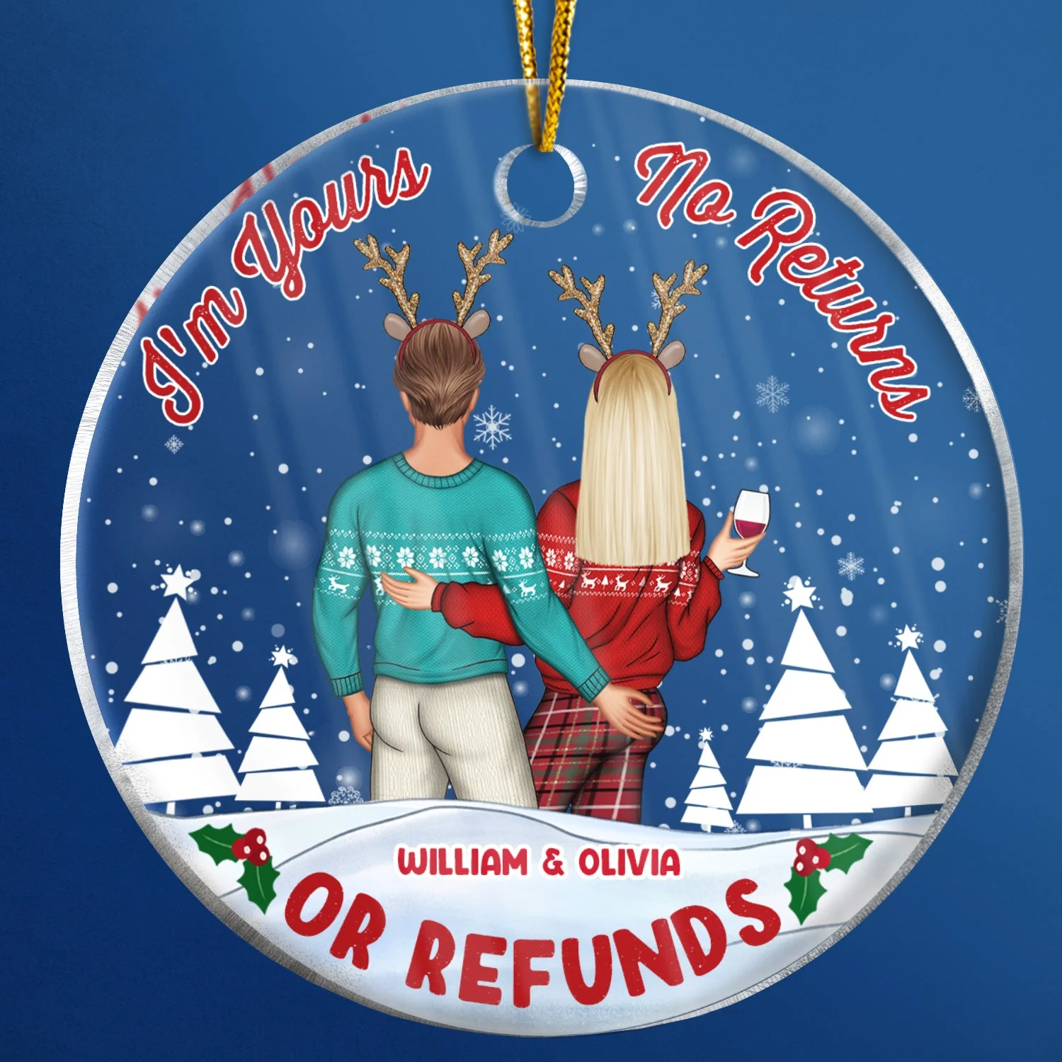 Christmas Couple I'm Yours No Return - Personalized Custom Circle Acrylic Ornament - Image 4
