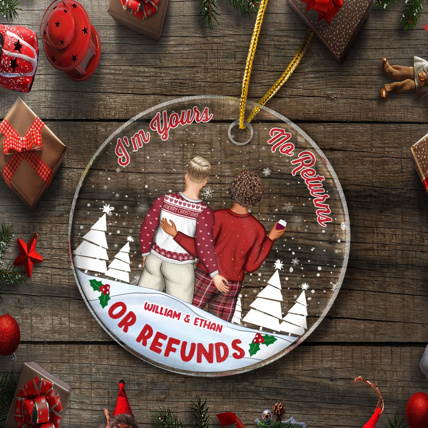Christmas Couple I'm Yours No Return - Personalized Custom Circle Acrylic Ornament - Image 5