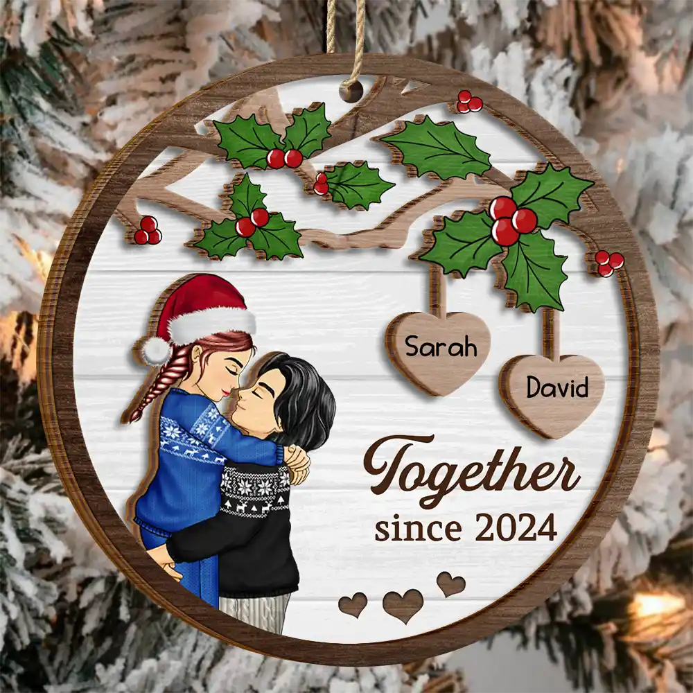 Christmas Couple Kissing Better Together - Personalized 2-Layered Wooden Ornament - Image 3