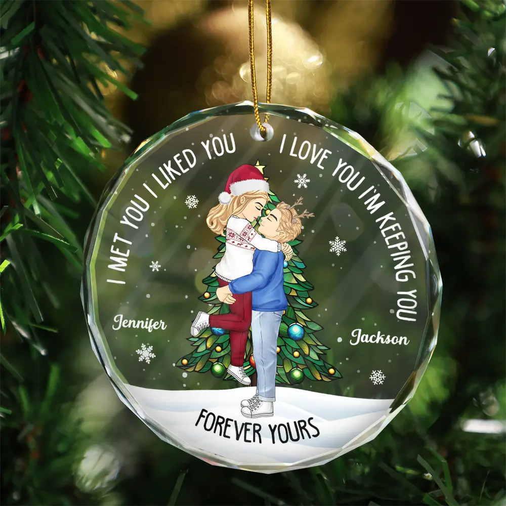 Christmas Couple Kissing Forever Yours - Personalized Circle Glass Ornament - Image 3