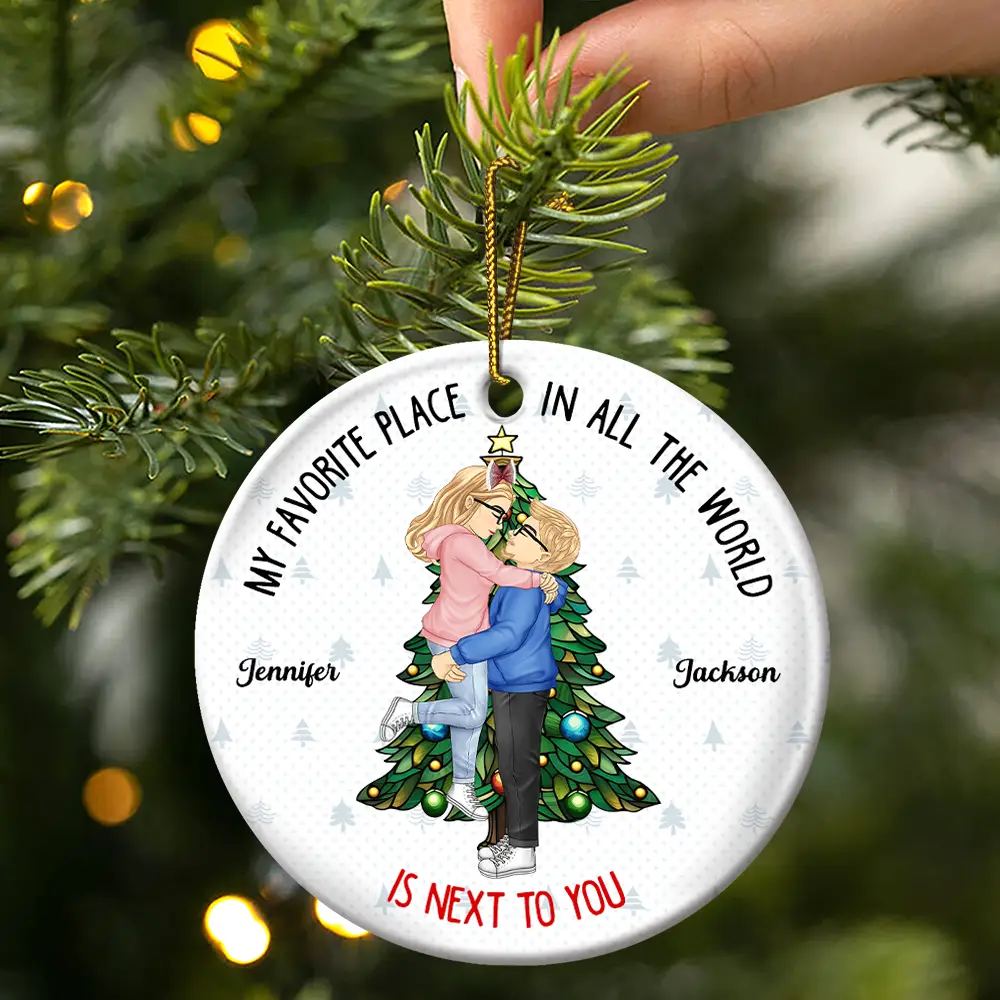 Christmas Couple Kissing My Favorite Place In All The World - Personalized Circle Ceramic Ornament - Image 3