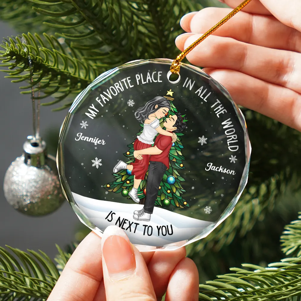 Christmas Couple Kissing My Favorite Place In All The World - Personalized Circle Glass Ornament - Image 2