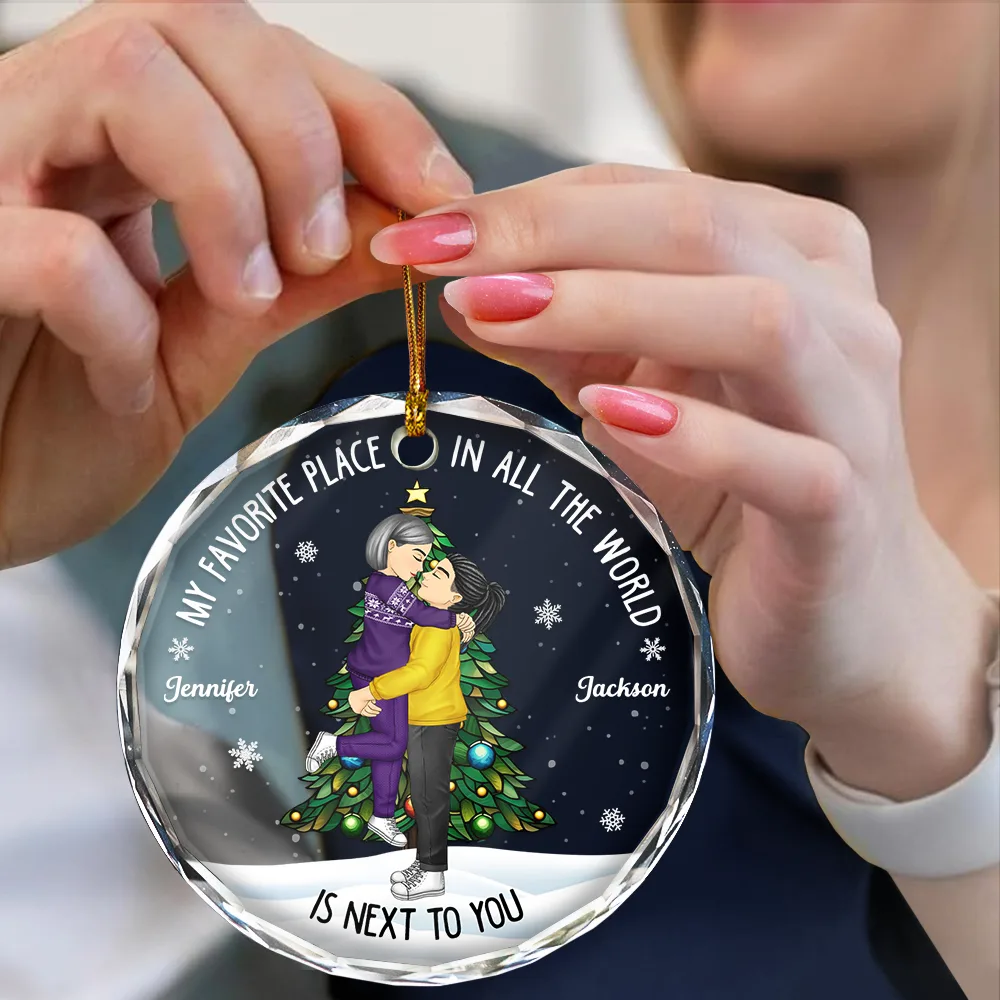 Christmas Couple Kissing My Favorite Place In All The World - Personalized Circle Glass Ornament - Image 4