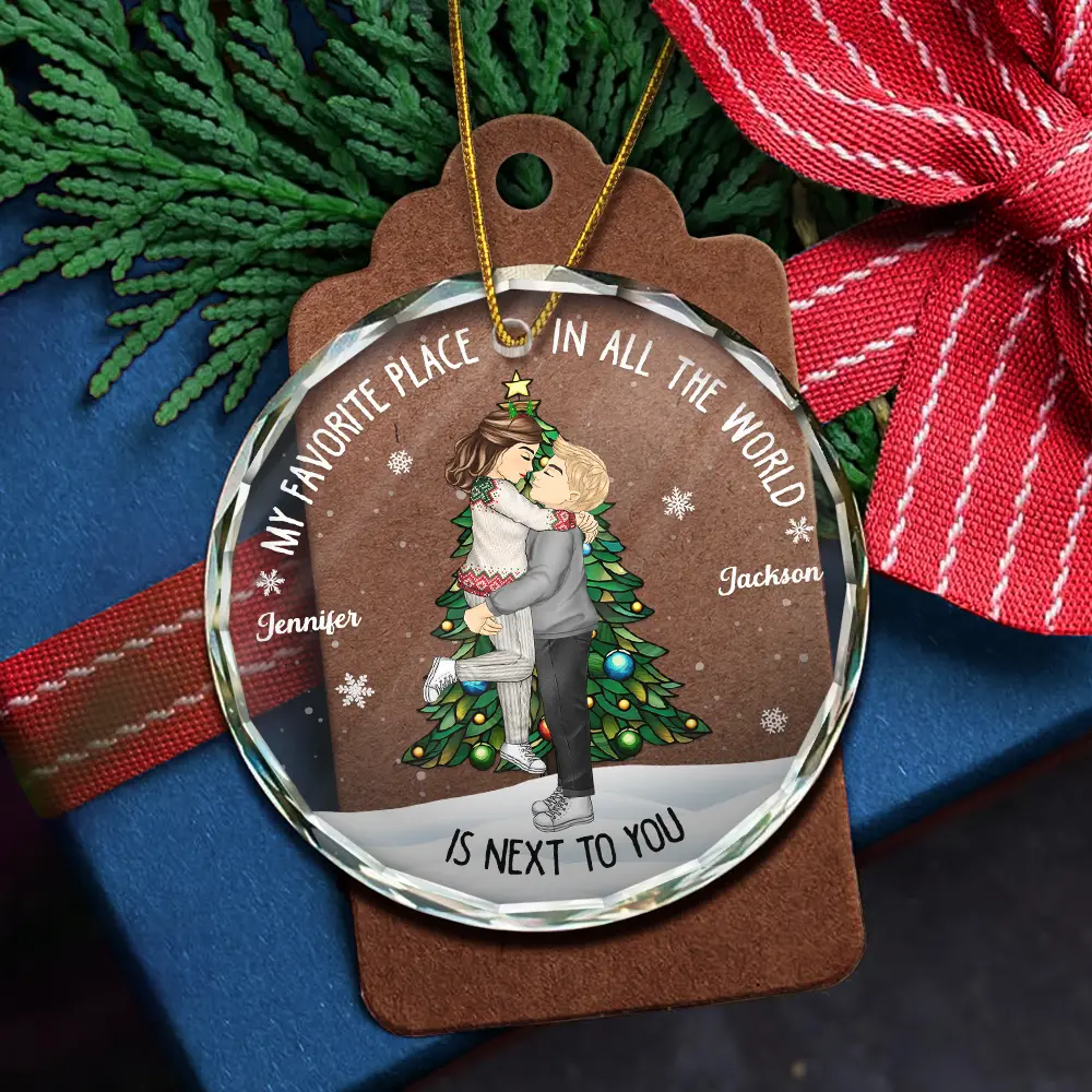 Christmas Couple Kissing My Favorite Place In All The World - Personalized Circle Glass Ornament - Image 5