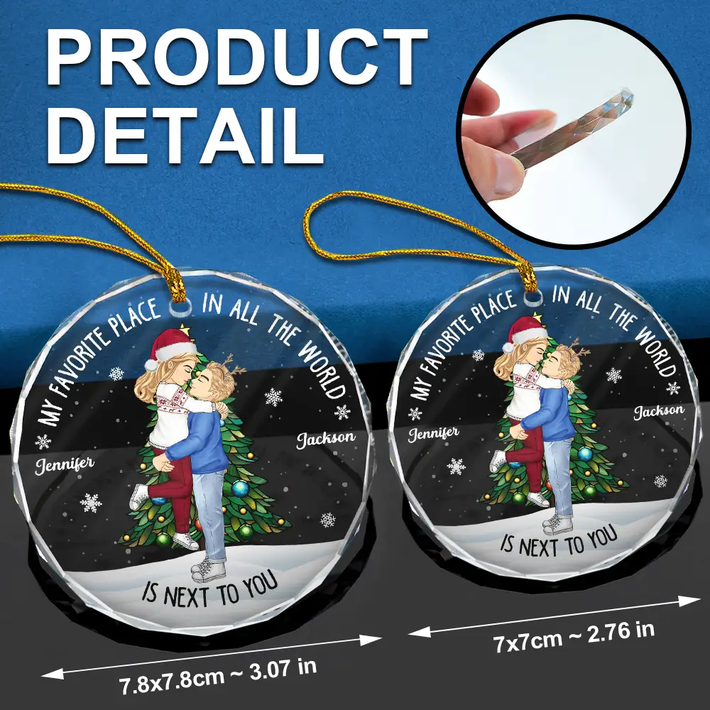 Christmas Couple Kissing My Favorite Place In All The World - Personalized Circle Glass Ornament - Image 6