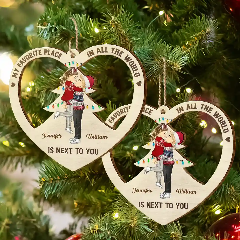 Christmas Couple Kissing My Favorite Place In All The World - Personalized Wooden Cutout Ornament - Image 6