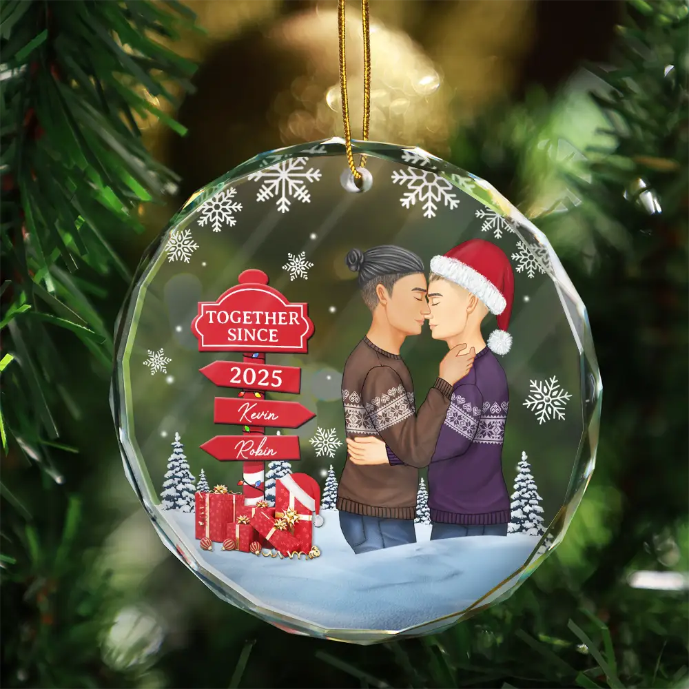 Christmas Couple Kissing Sign - Personalized Circle Glass Ornament - Image 3