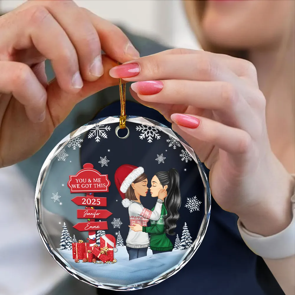 Christmas Couple Kissing Sign - Personalized Circle Glass Ornament - Image 4