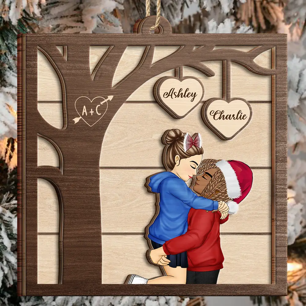 Christmas Couple Kissing Under The Tree - Personalized 2-Layered Wooden Ornament - Image 3