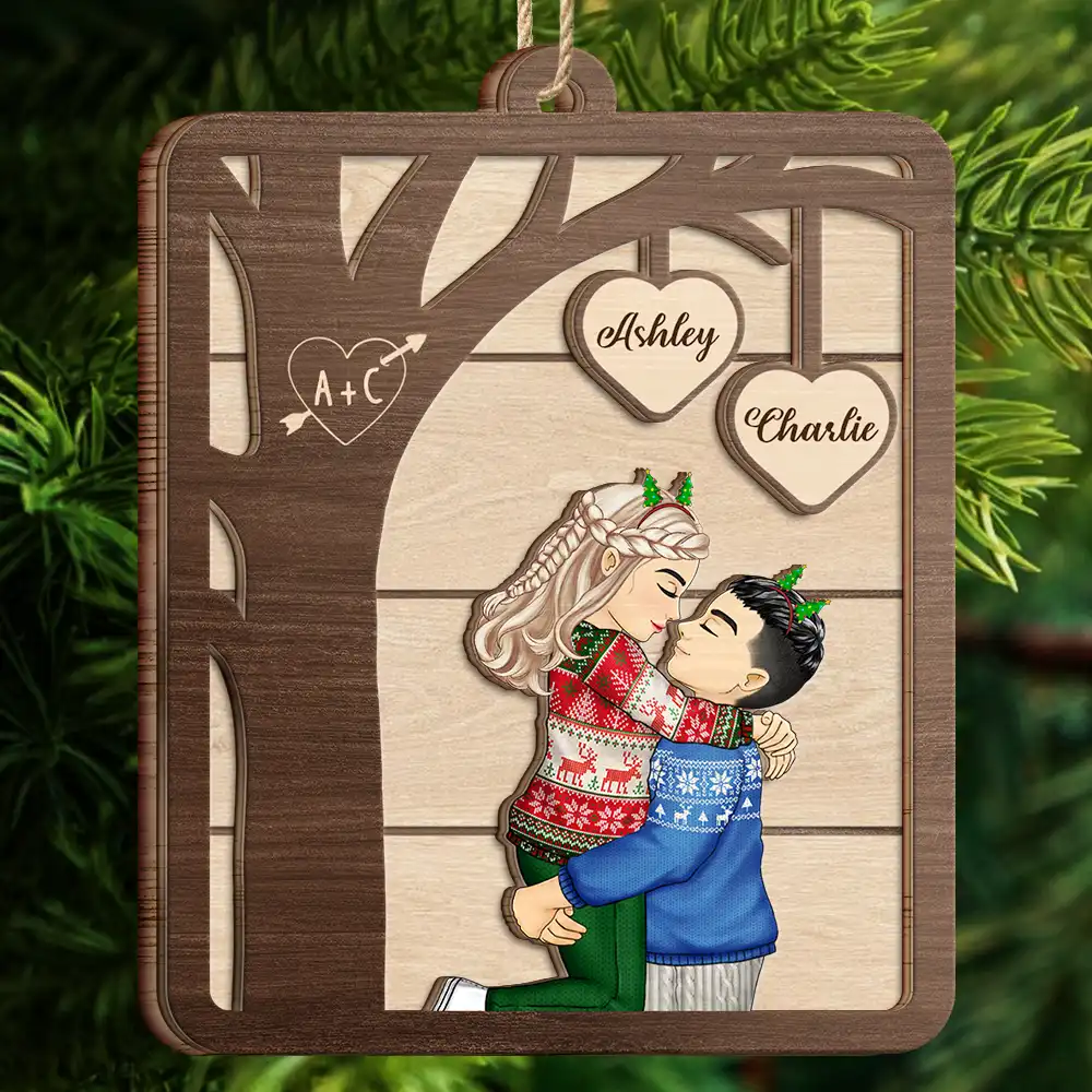 Christmas Couple Kissing Under The Tree - Personalized 2-Layered Wooden Ornament - Image 4