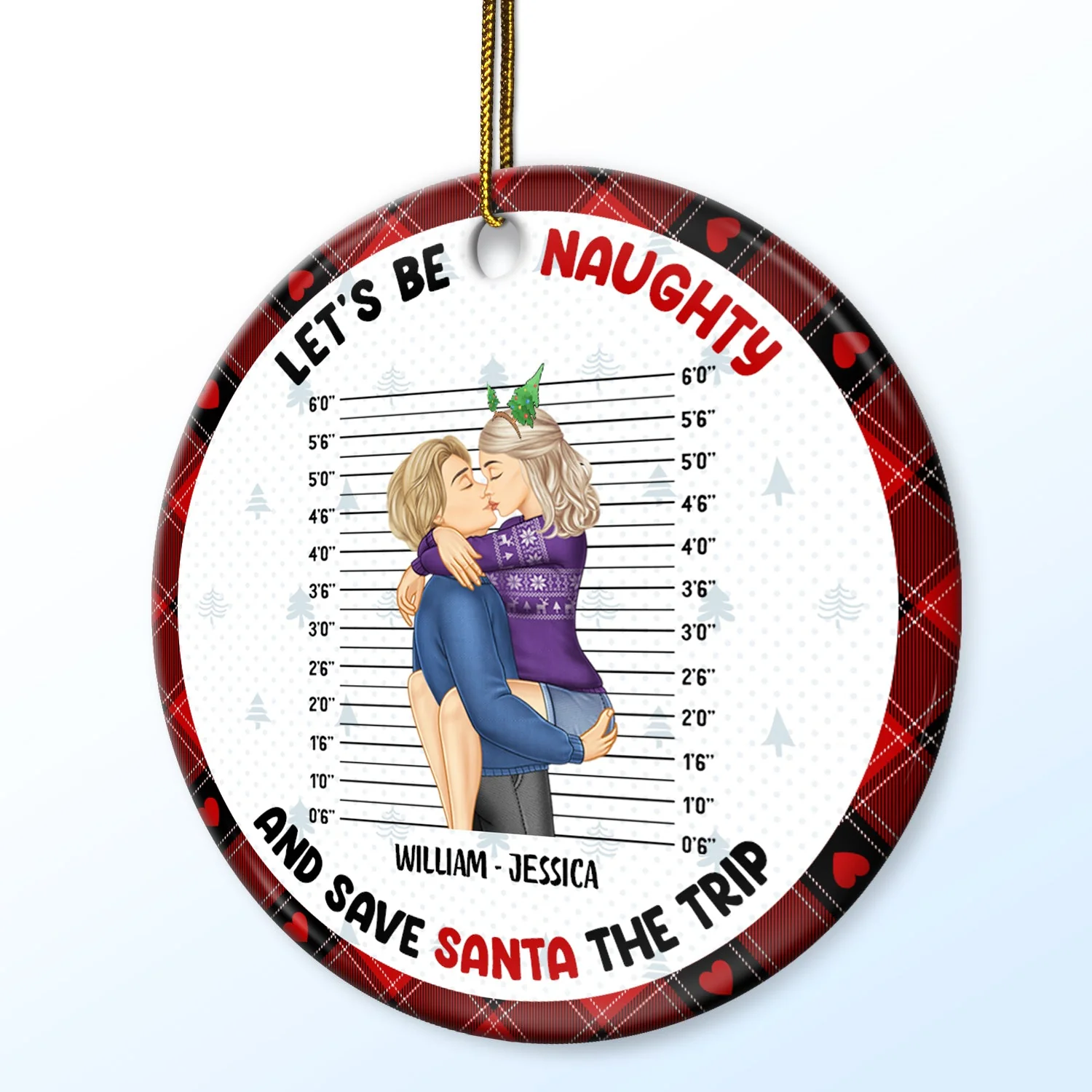 Christmas Couple Let's Be Naughty And Save Santa The Trip - Gift For Couples - Personalized Circle Ceramic Ornament - Image 2