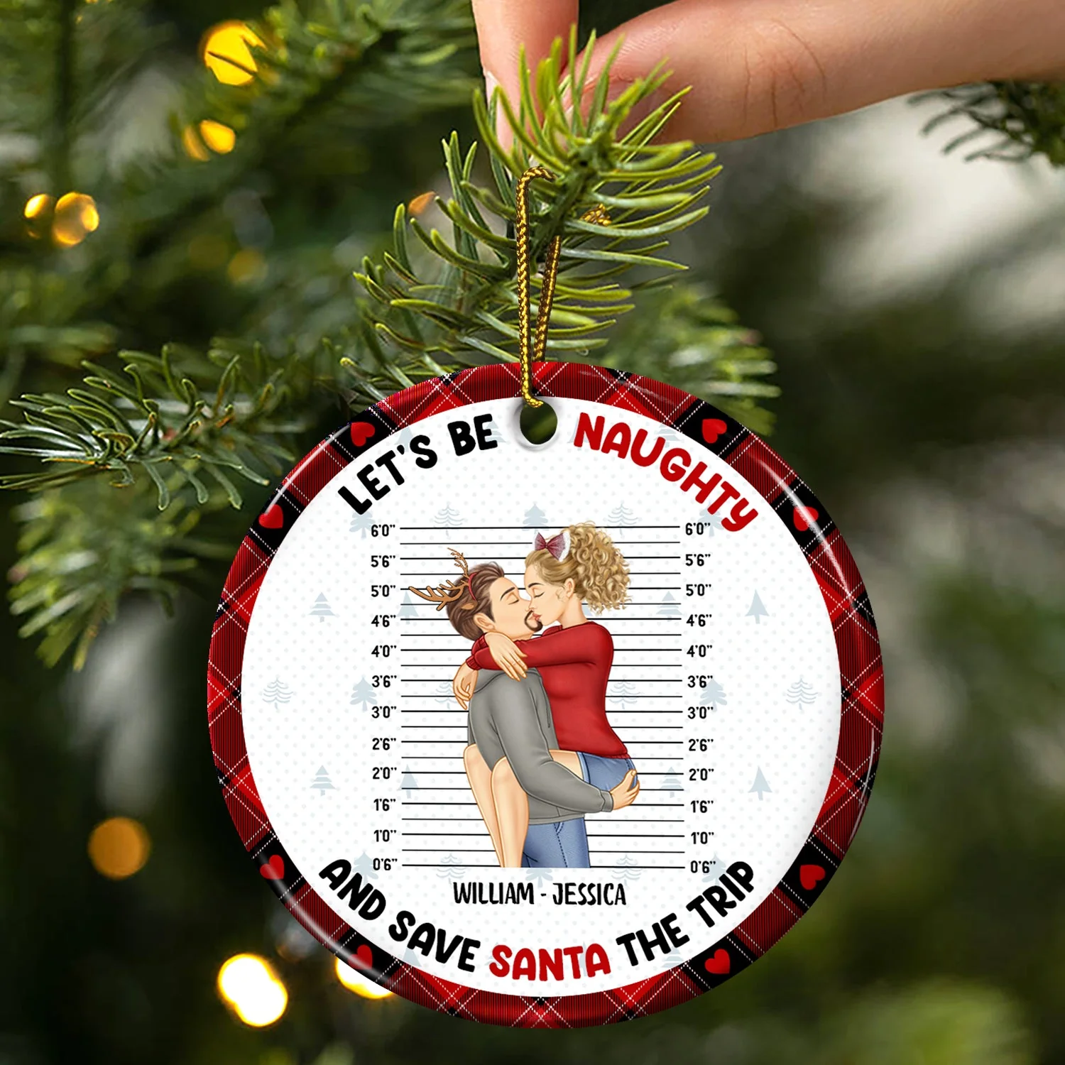 Christmas Couple Let's Be Naughty And Save Santa The Trip - Gift For Couples - Personalized Circle Ceramic Ornament - Image 3