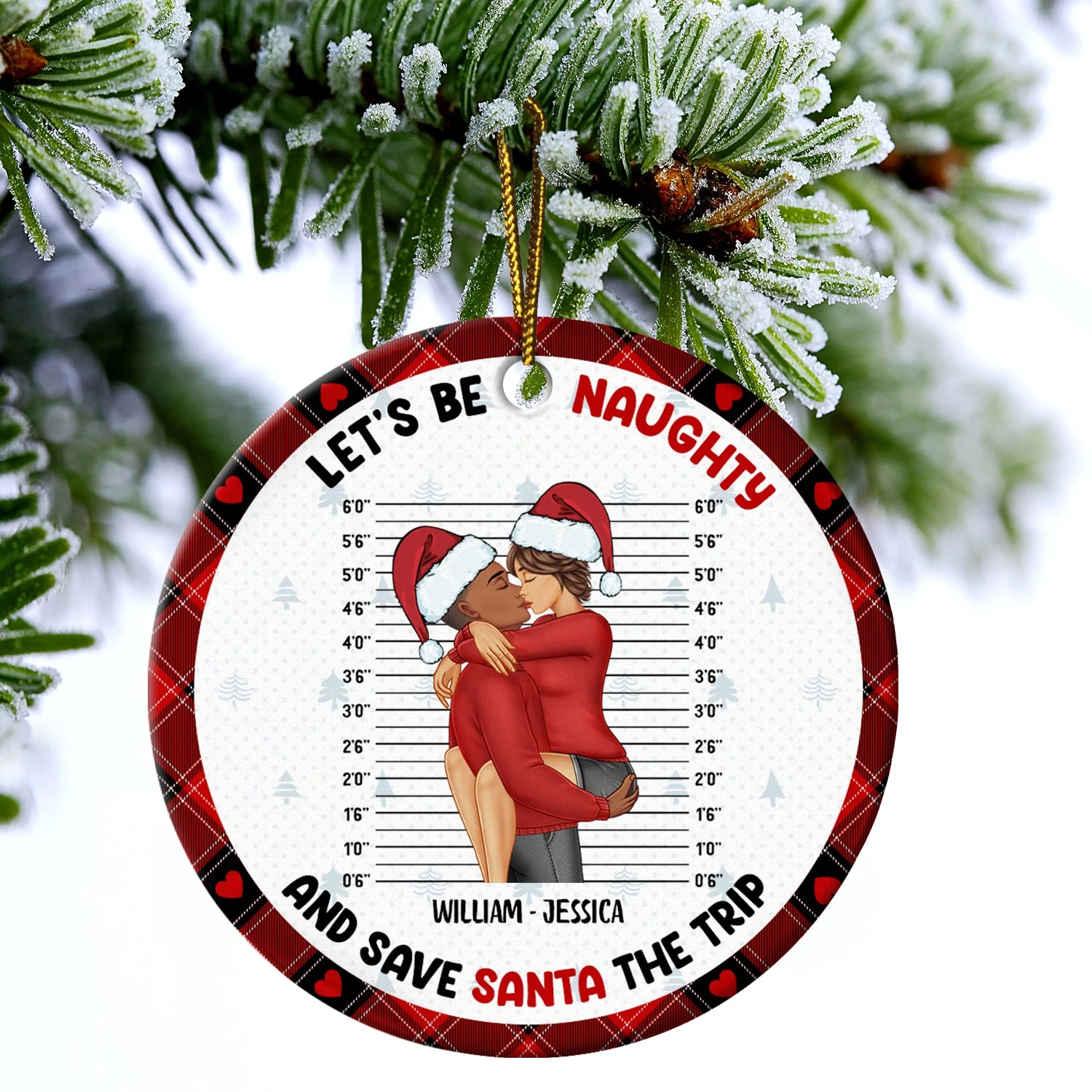 Christmas Couple Let's Be Naughty And Save Santa The Trip - Gift For Couples - Personalized Circle Ceramic Ornament - Image 4