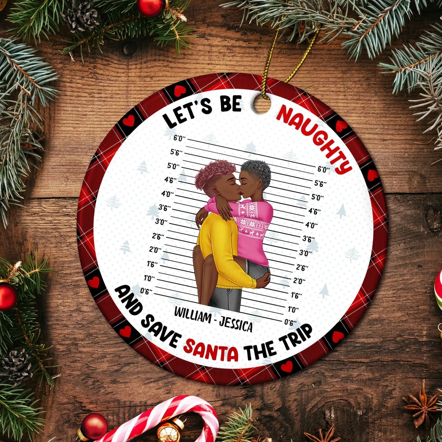 Christmas Couple Let's Be Naughty And Save Santa The Trip - Gift For Couples - Personalized Circle Ceramic Ornament - Image 5
