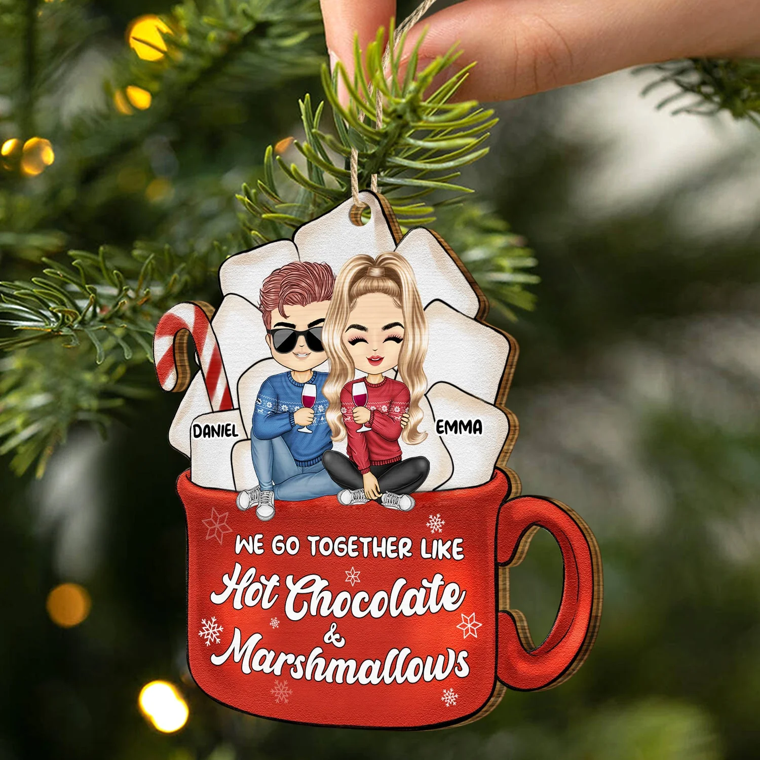 Christmas Couple Like Hot Chocolate & Marshmallow - Gift For Couples - Personalized Custom Shaped Wooden Ornament - Image 2