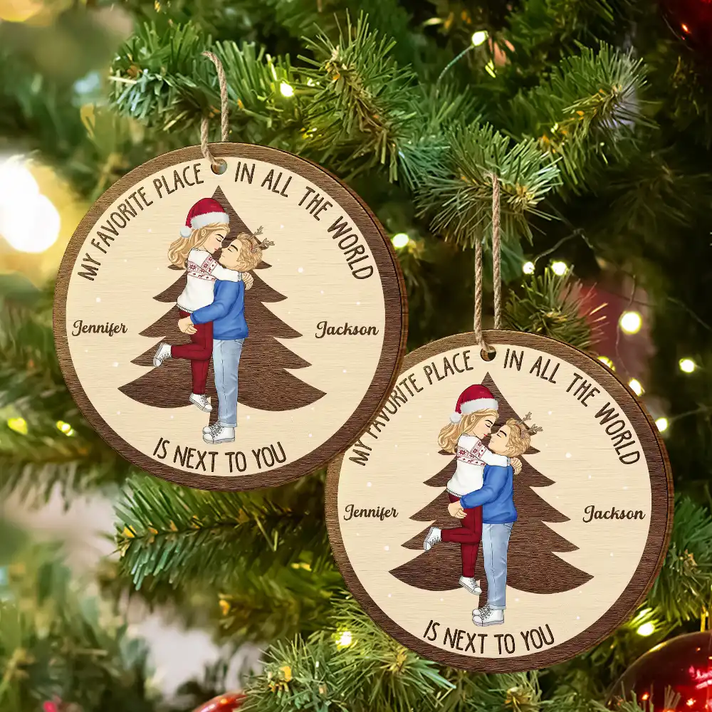 Christmas Couple My Favorite Place In All The World - Personalized Custom Shaped Wooden Ornament - Image 6