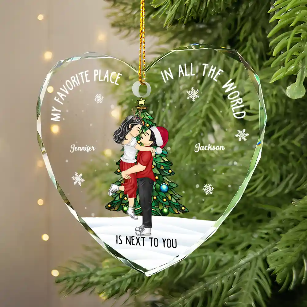 Christmas Couple My Favorite Place In All The World - Personalized Heart Shaped Glass Ornament - Image 2