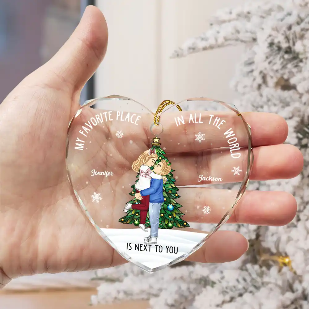 Christmas Couple My Favorite Place In All The World - Personalized Heart Shaped Glass Ornament - Image 3
