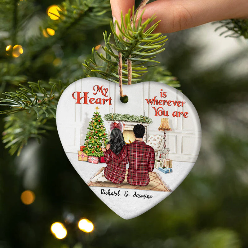 Christmas Couple My Heart Is Wherever You Are - Christmas Gift - Personalized Custom Heart Ceramic Ornament - Image 2