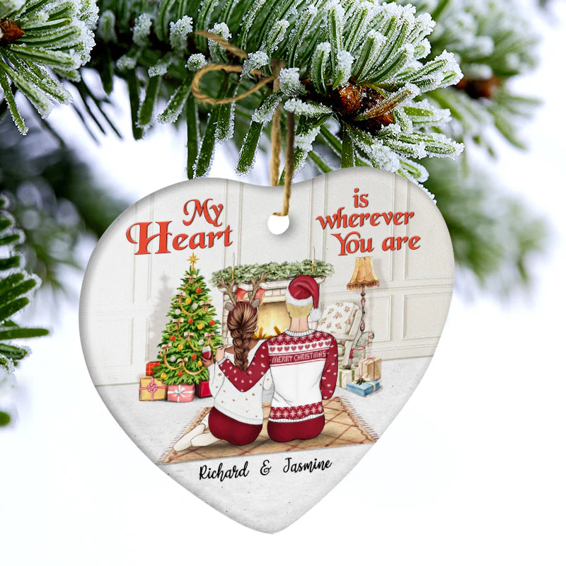 Christmas Couple My Heart Is Wherever You Are - Christmas Gift - Personalized Custom Heart Ceramic Ornament - Image 3