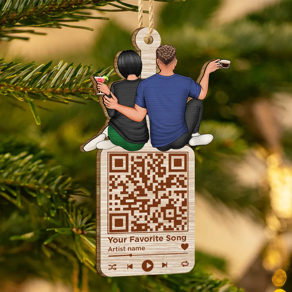 Christmas Couple QR Code Favorite Song - Personalized Wooden Cutout Ornament - Image 4