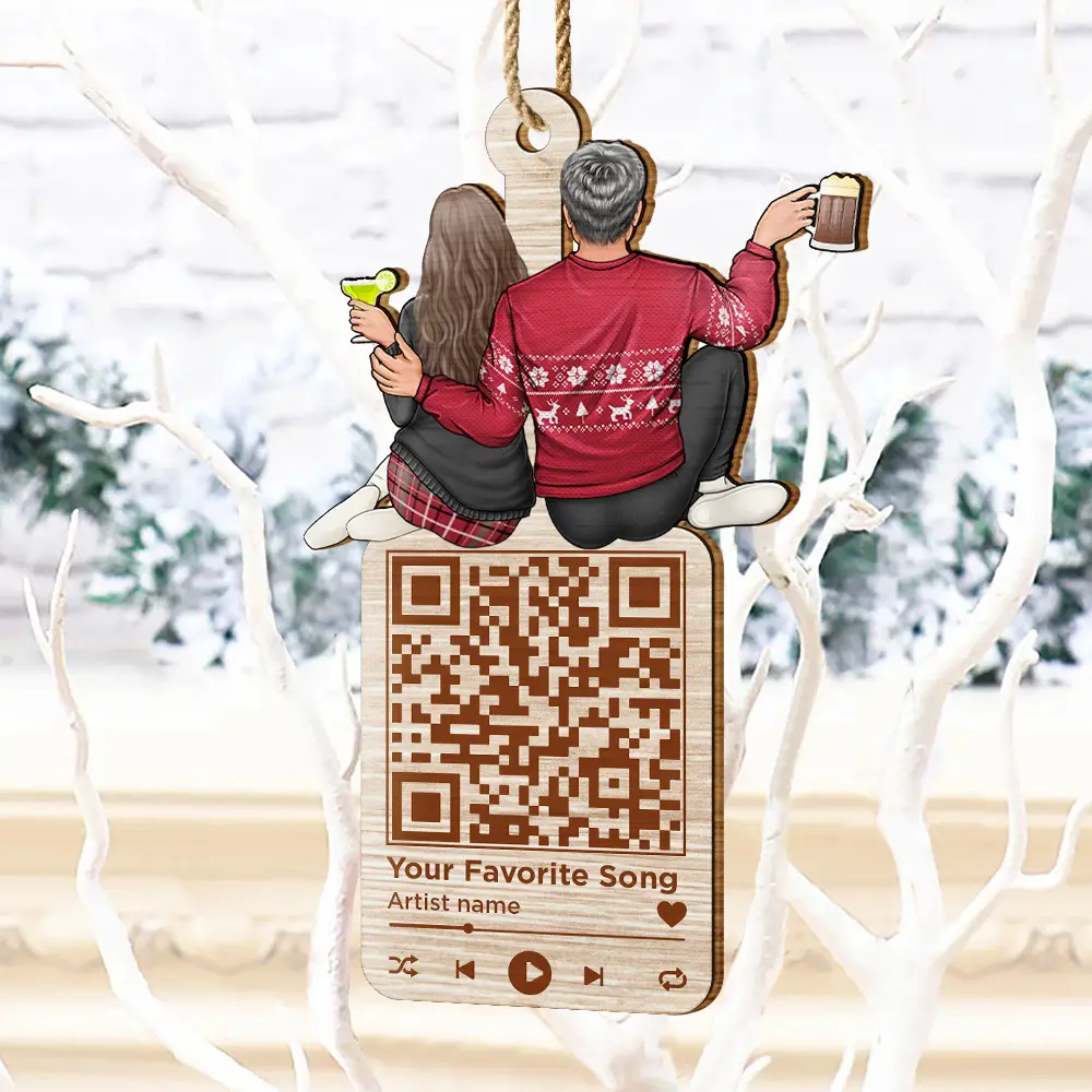 Christmas Couple QR Code Favorite Song - Personalized Wooden Cutout Ornament - Image 5