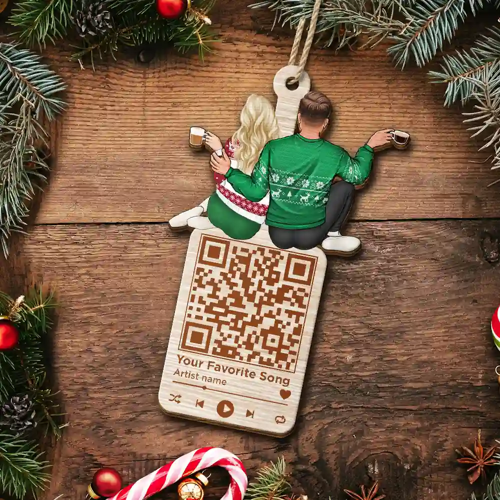 Christmas Couple QR Code Favorite Song - Personalized Wooden Cutout Ornament - Image 6