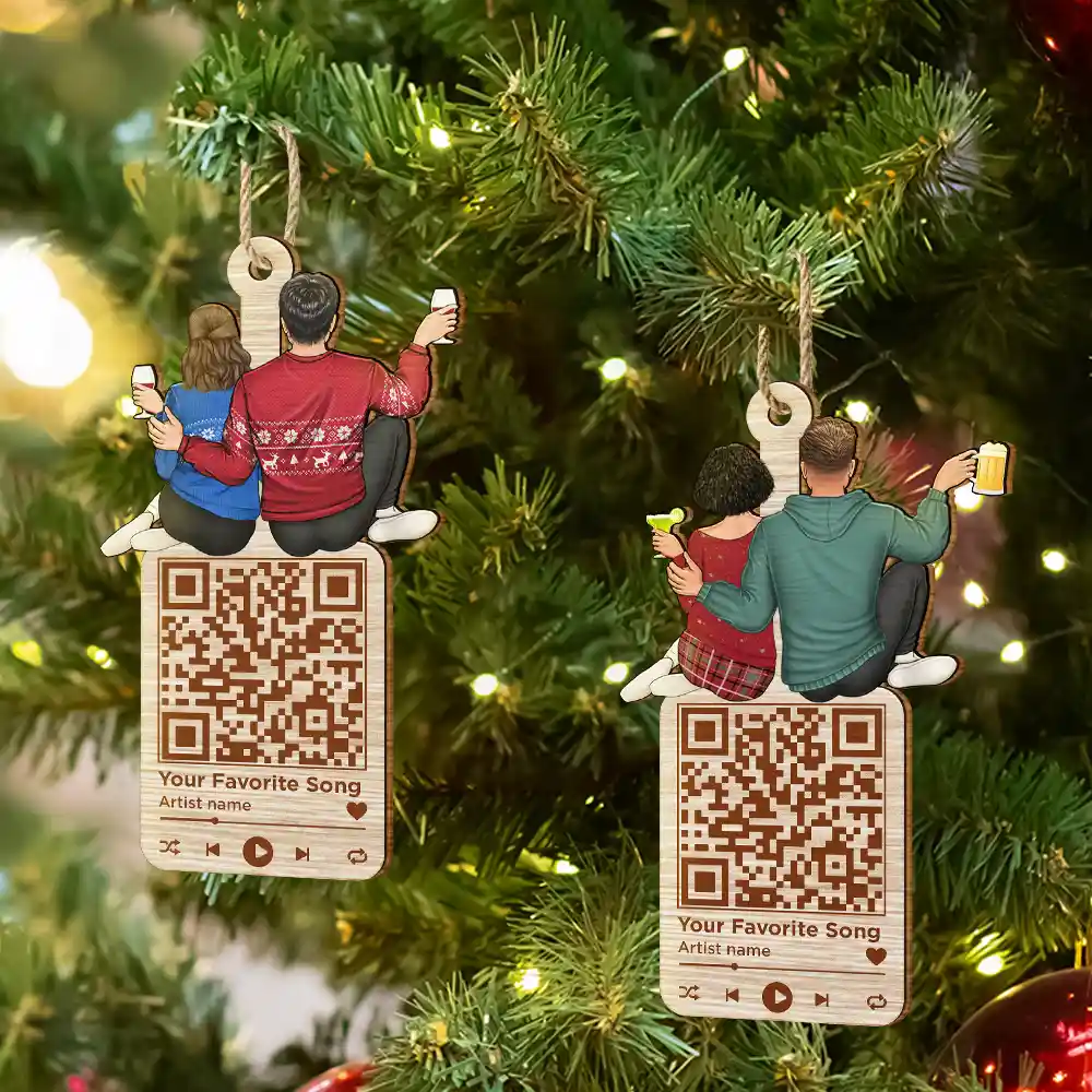 Christmas Couple QR Code Favorite Song - Personalized Wooden Cutout Ornament - Image 7