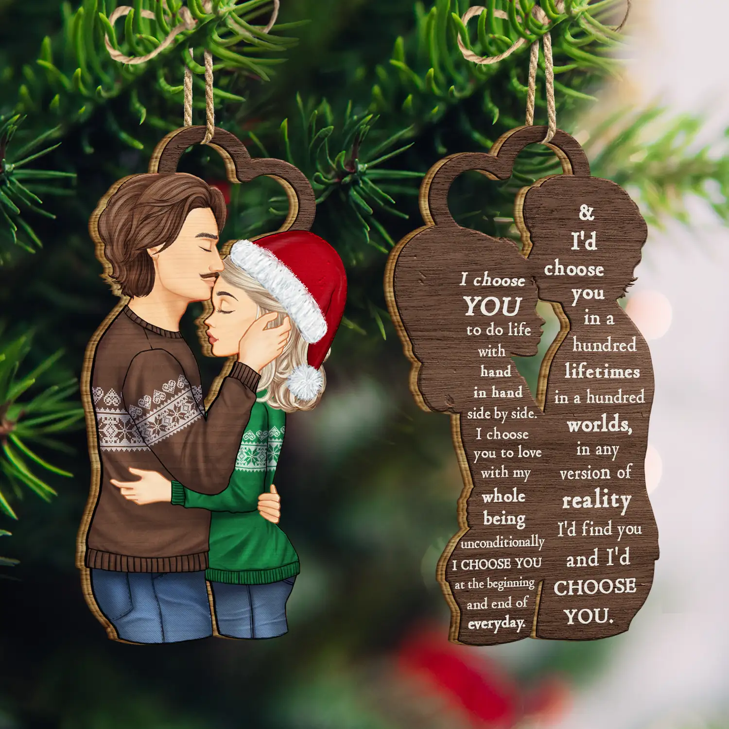 Christmas Couple Side View I Choose You - Gift For Couples - Personalized Wooden Ornament Print 2 Sides - Image 3