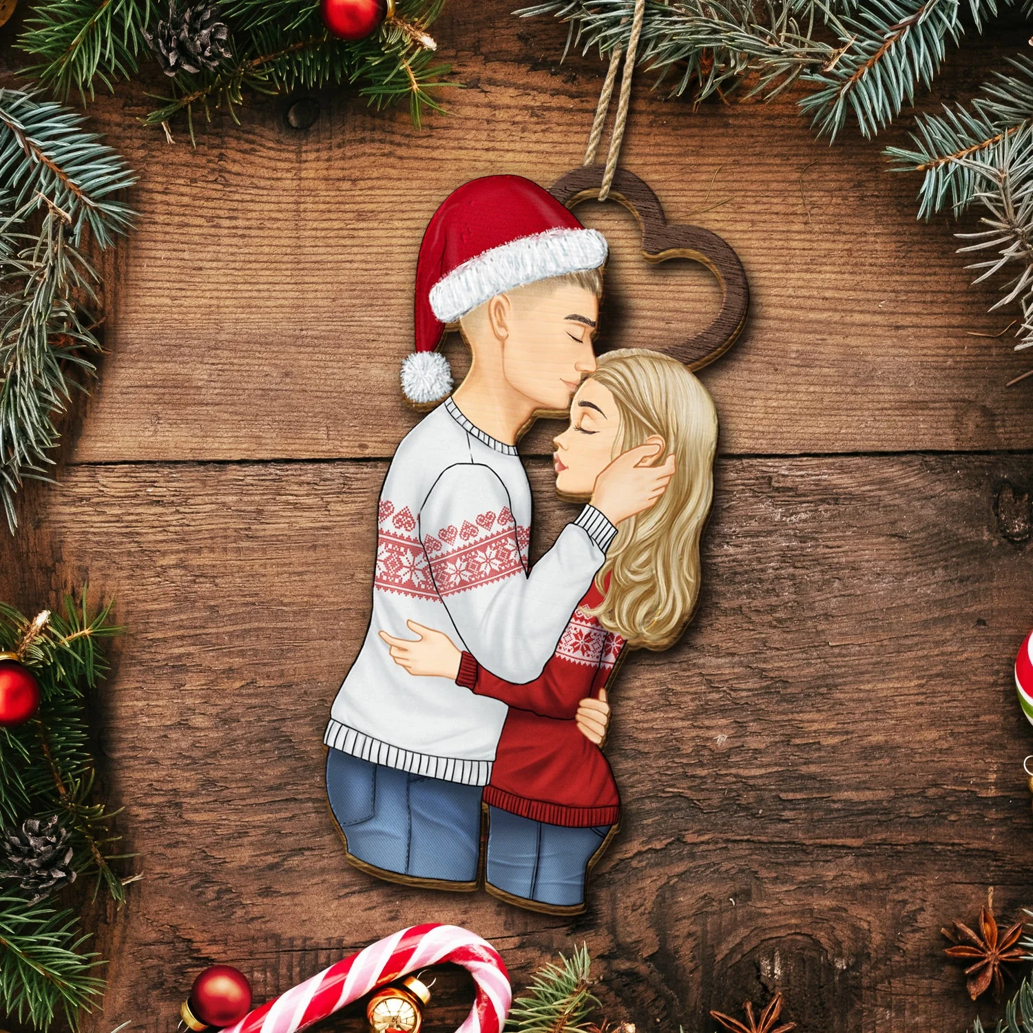 Christmas Couple We're A Team - Gift For Couples - Personalized Wooden Ornament Print 2 Sides - Image 5
