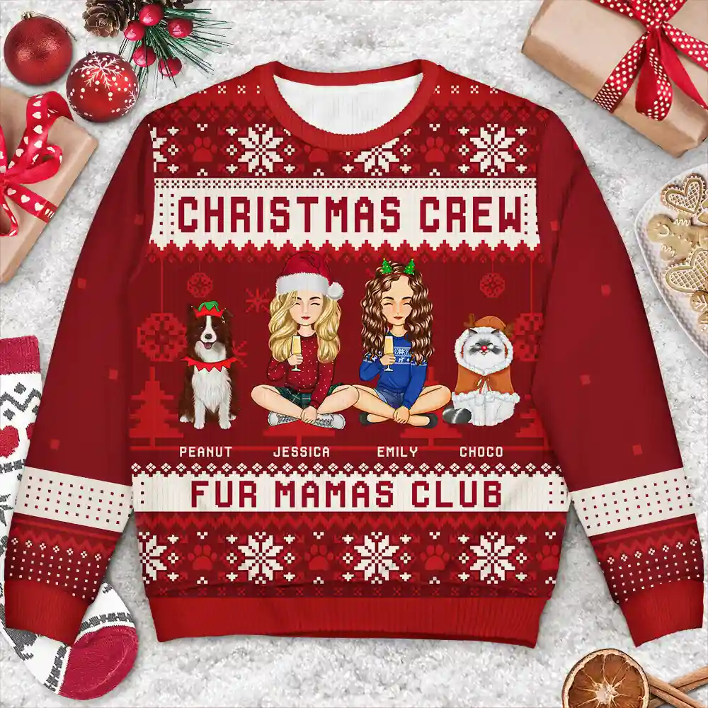 Christmas Crew Family With Dog Cat - Personalized Unisex Ugly Sweater - Image 3