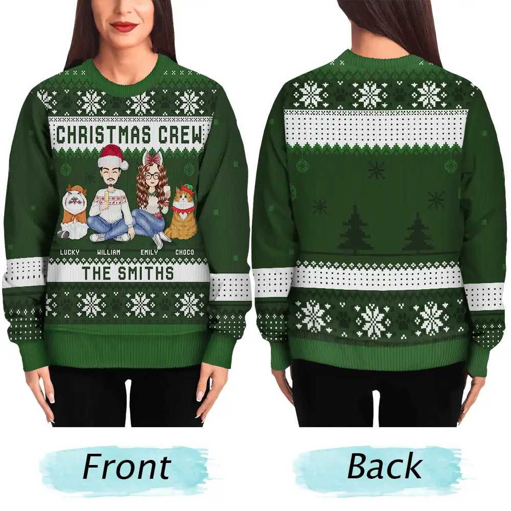 Christmas Crew Family With Dog Cat - Personalized Unisex Ugly Sweater - Image 5