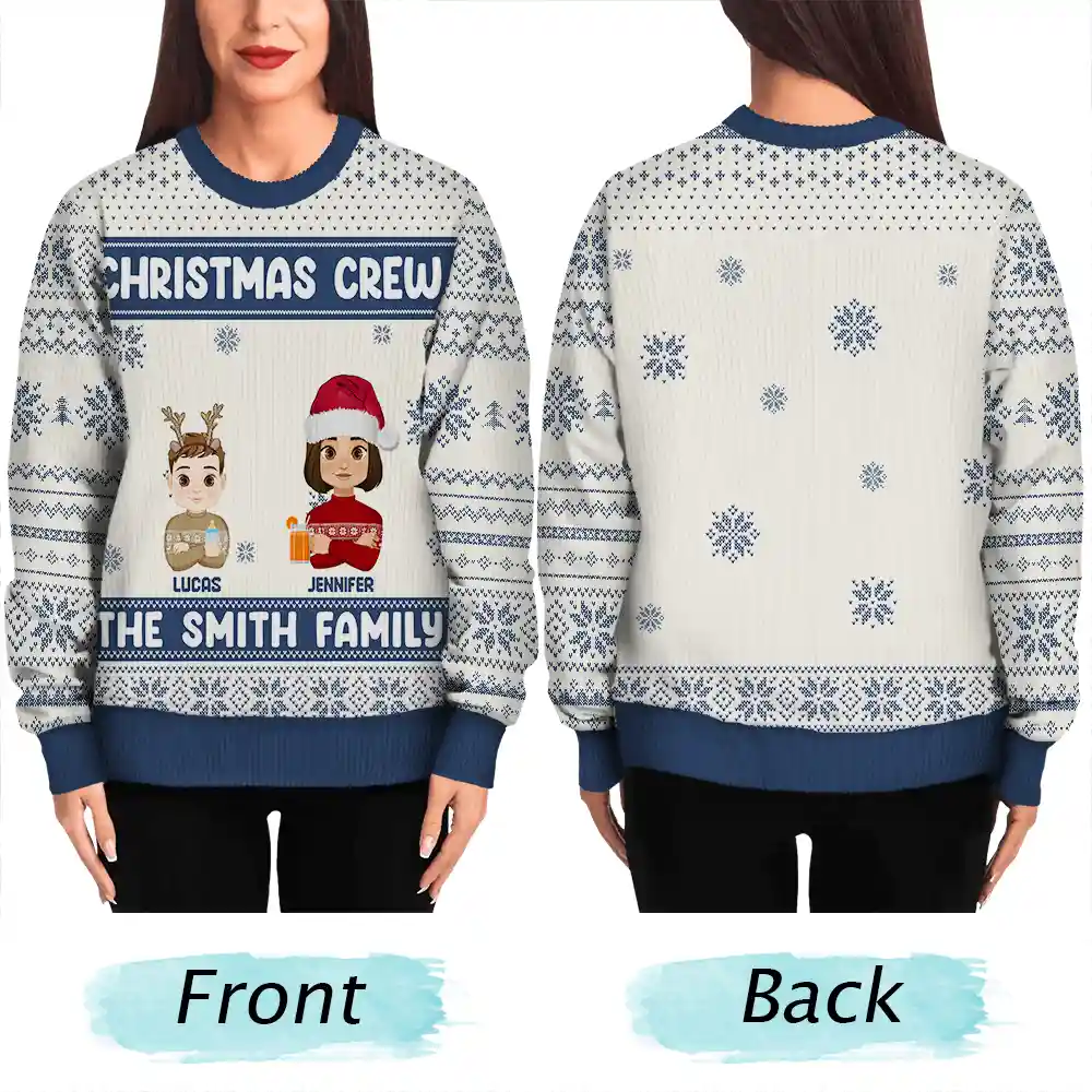 Christmas Crew Flat Art Family - Personalized Unisex Ugly Sweater - Image 5