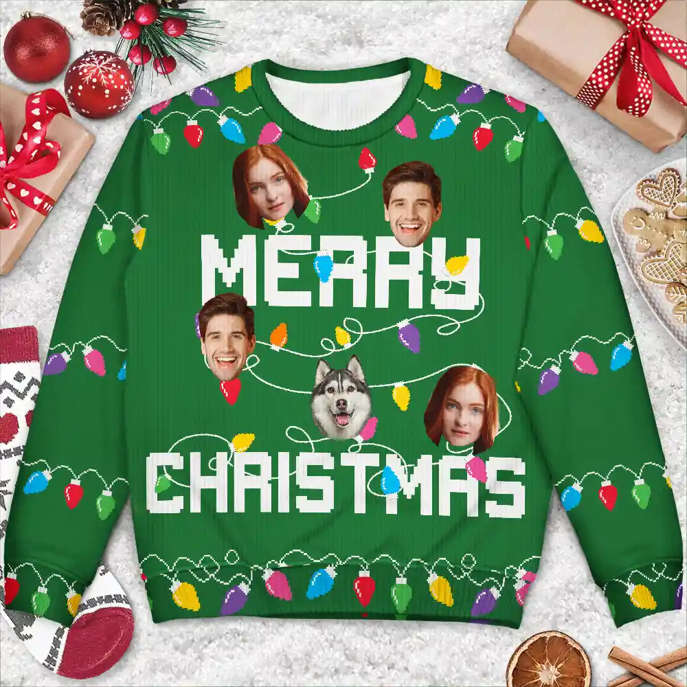 Christmas Custom Photo Family Christmas Tree - Personalized Unisex Ugly Sweater - Image 4
