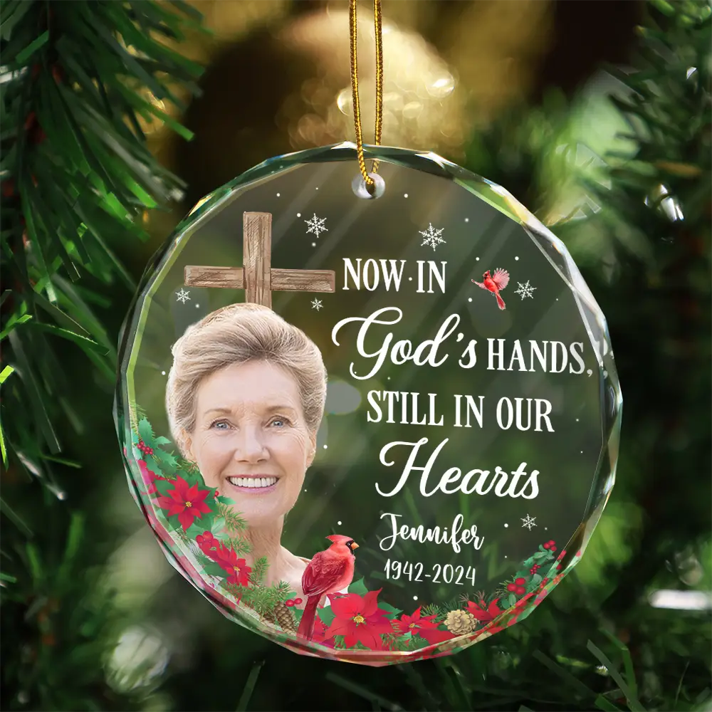 Christmas Custom Photo Memorial God Has You In His Hands - Personalized Circle Glass Ornament - Image 3
