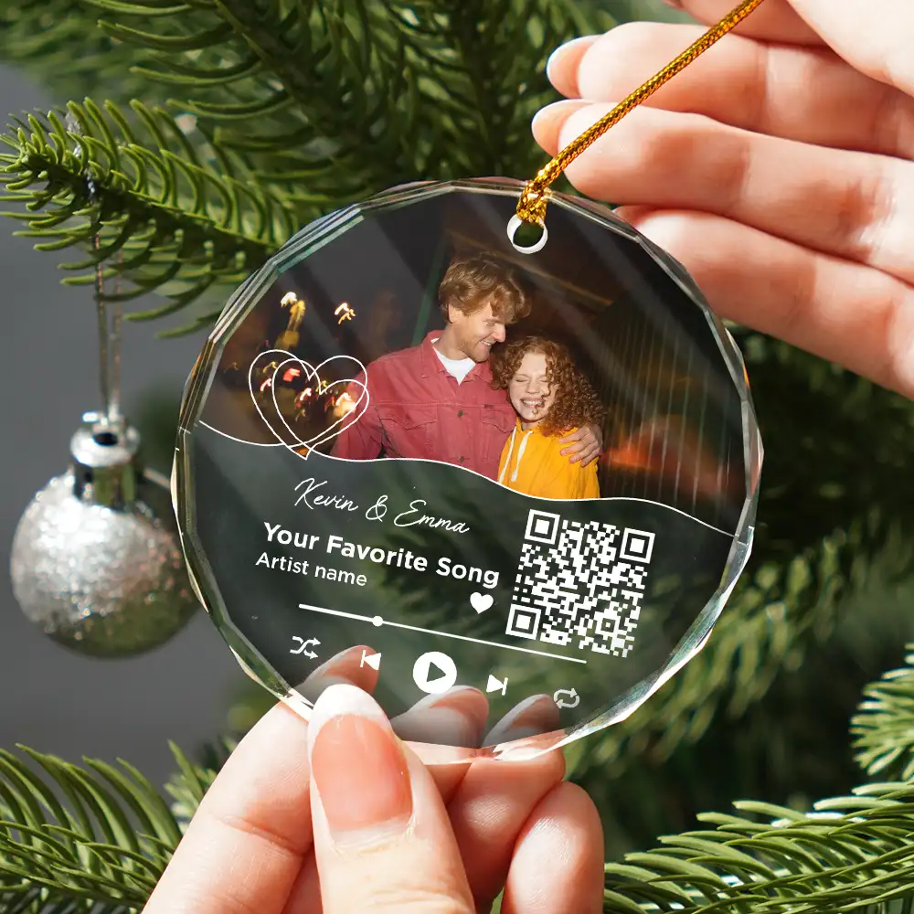 Christmas Custom Photo Song QR Code - Personalized Circle Glass Ornament - Image 3