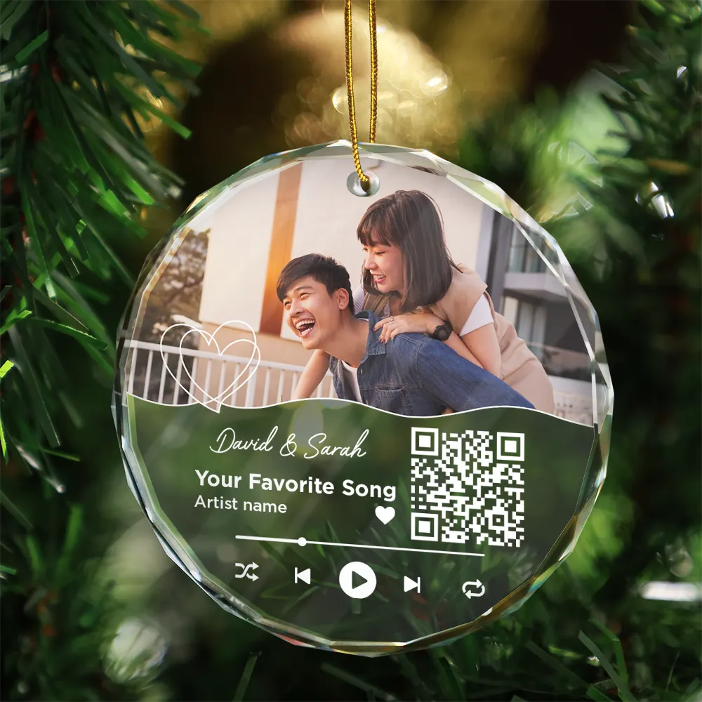 Christmas Custom Photo Song QR Code - Personalized Circle Glass Ornament - Image 4