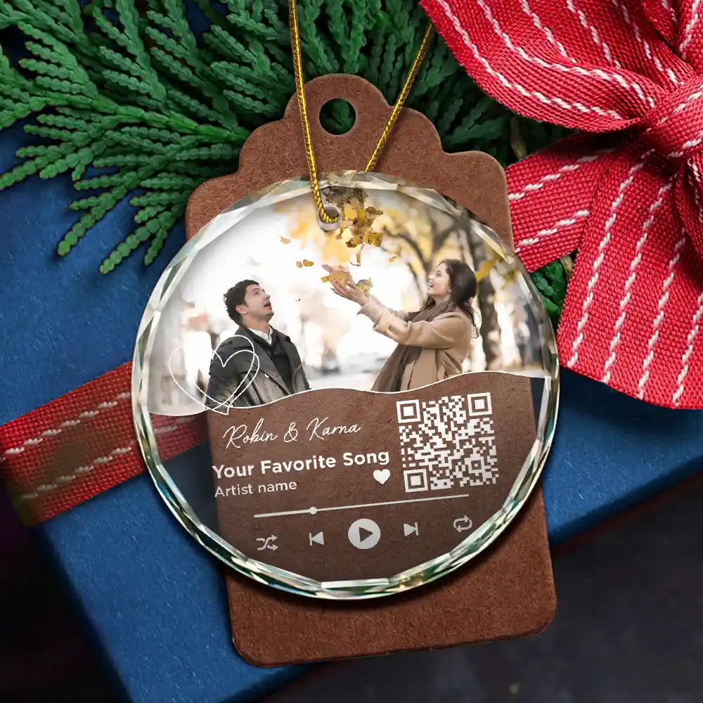 Christmas Custom Photo Song QR Code - Personalized Circle Glass Ornament - Image 6