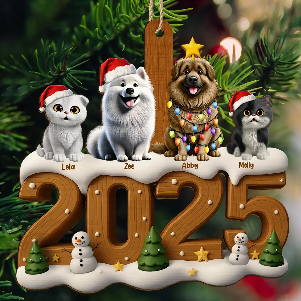 Christmas Cute 3D Effect Dog Cat - Personalized Custom Shaped Wooden Ornament - Image 3