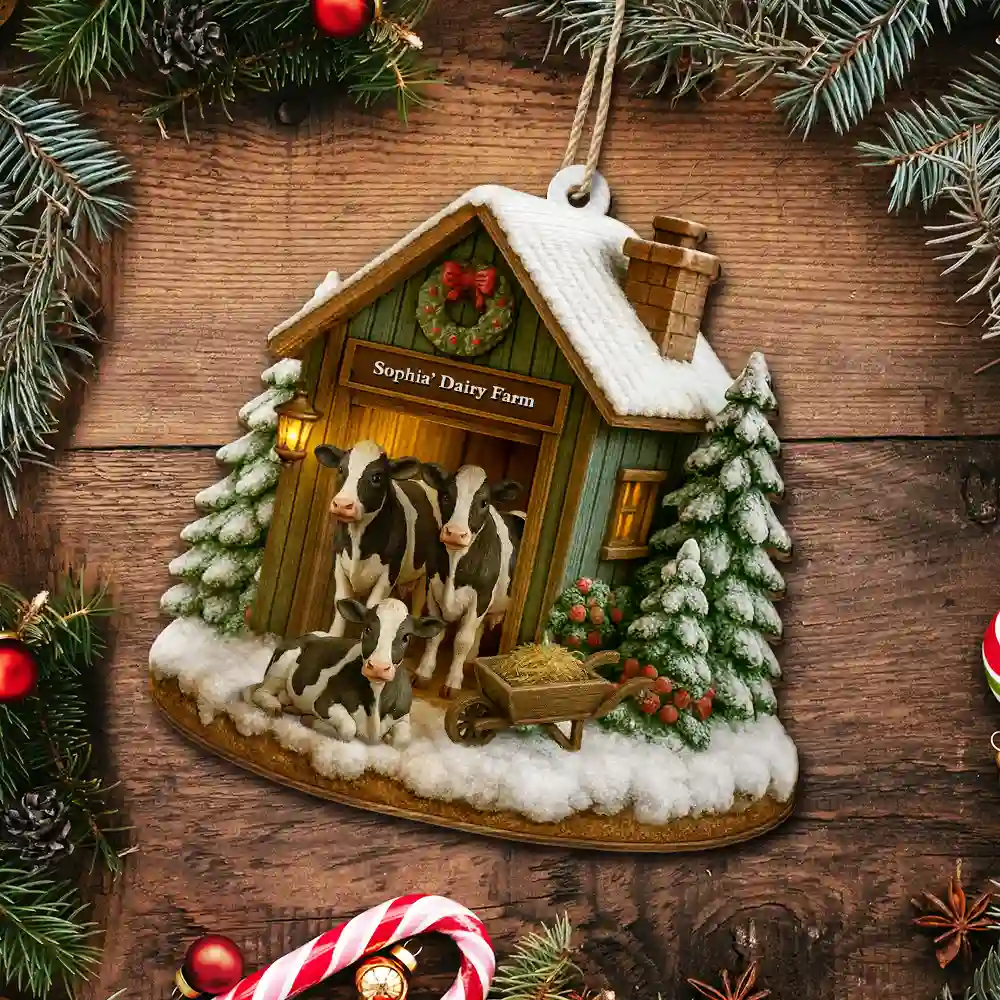 Christmas Dairy Farm - Personalized Custom Shaped Wooden Ornament - Image 5