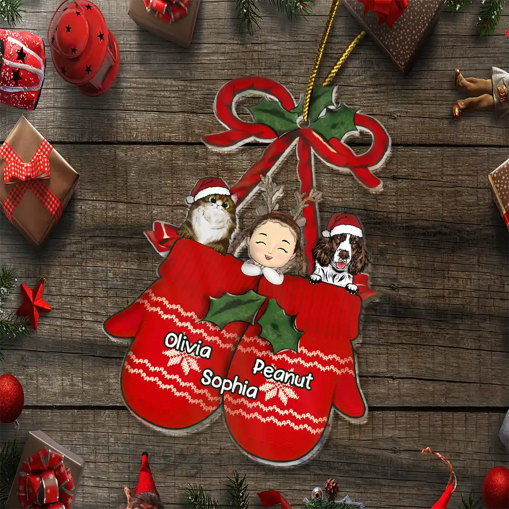 Christmas Dog Cat Kid Inside Gloves - Personalized Cutout Acrylic Ornament - Image 6