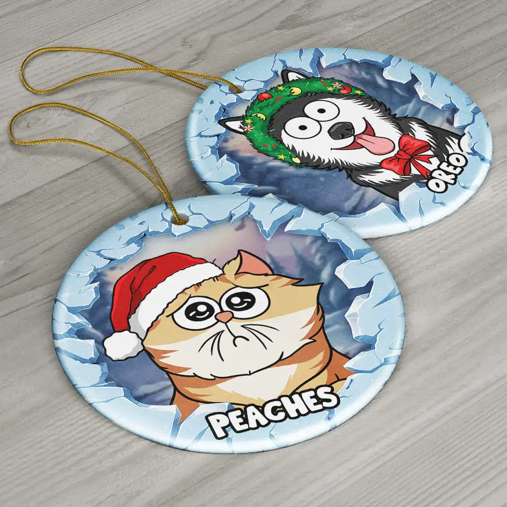 Christmas Dog Lovers Cat Lovers - 3D Inflated Effect Printed Ornament, Personalized Circle Ceramic Ornament - Image 6