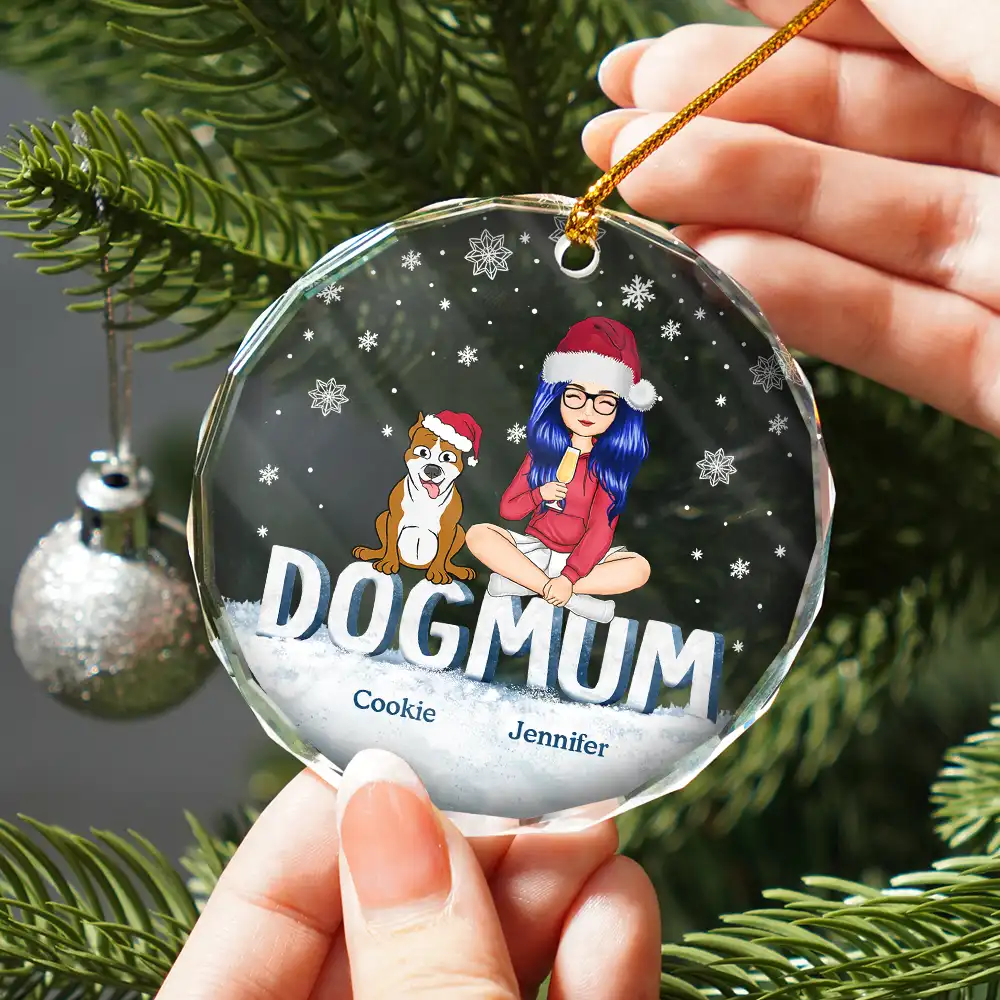Christmas Dog Mom Cartoon Style - Personalized Circle Glass Ornament - Image 2