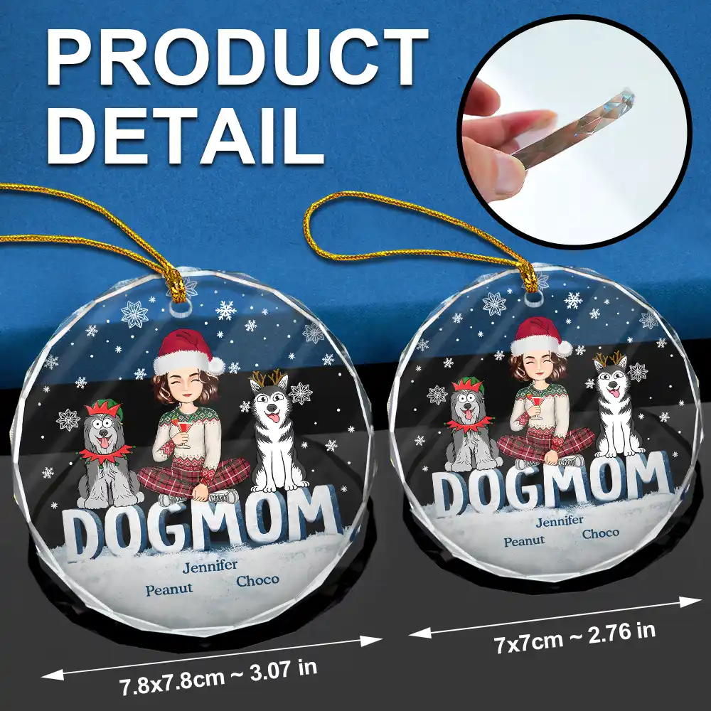 Christmas Dog Mom Cartoon Style - Personalized Circle Glass Ornament - Image 6