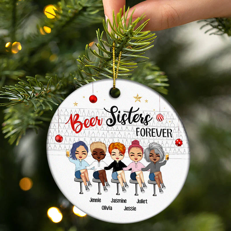 Christmas Drinking Besties Wine Sisters Forever - Personalized Custom Circle Ceramic Ornament - Image 2
