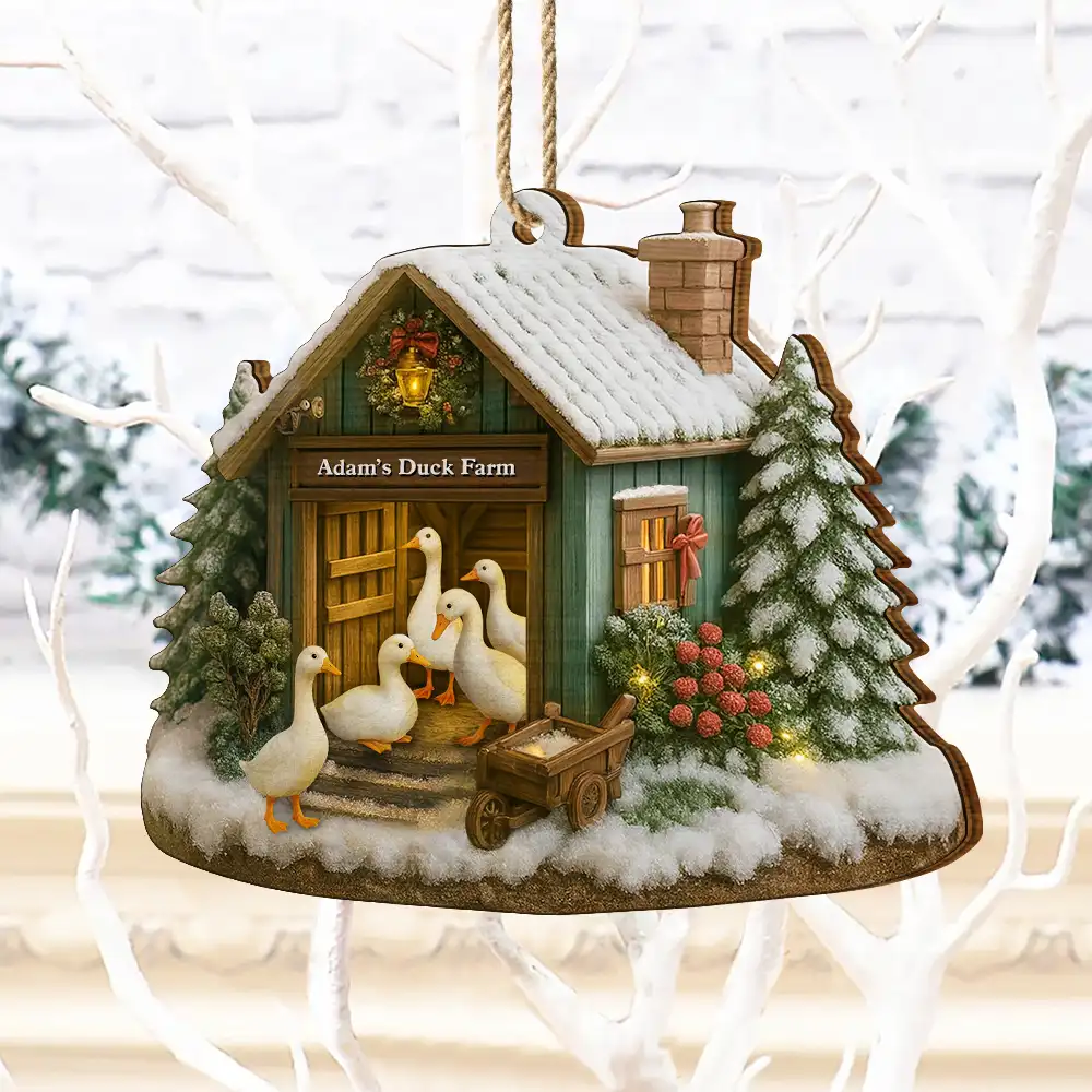 Christmas Duck Farm - Personalized Custom Shaped Wooden Ornament - Image 4