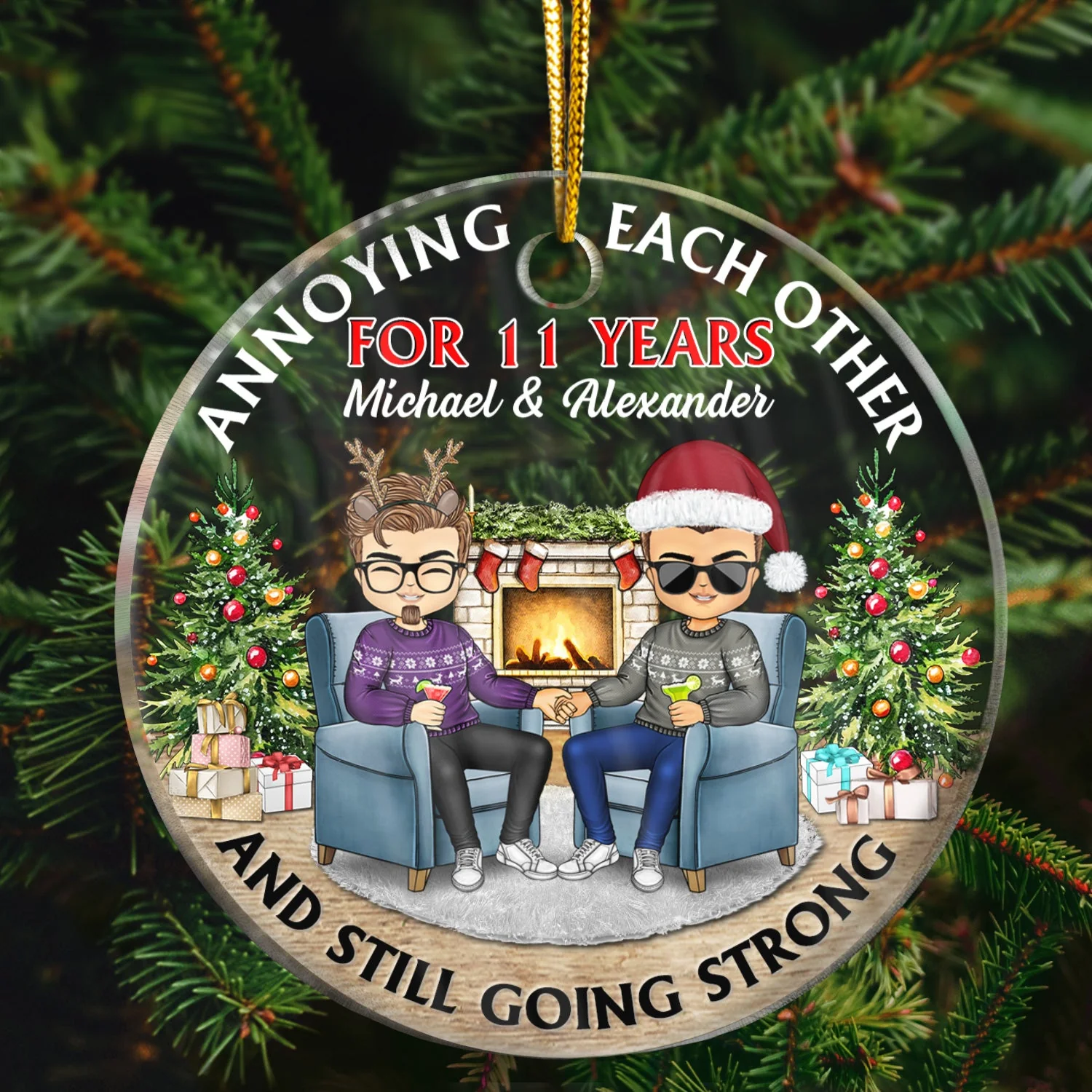 Christmas Family Chibi Couple Annoying Each Other Since - Gift For Couples - Personalized Custom Circle Acrylic Ornament - Image 2
