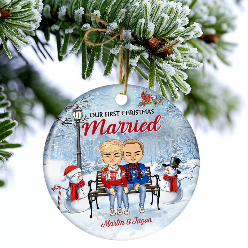 Christmas Family Chibi Couple Our First Christmas Together - Gift For Couples - Personalized Custom Circle Ceramic Ornament - Image 3